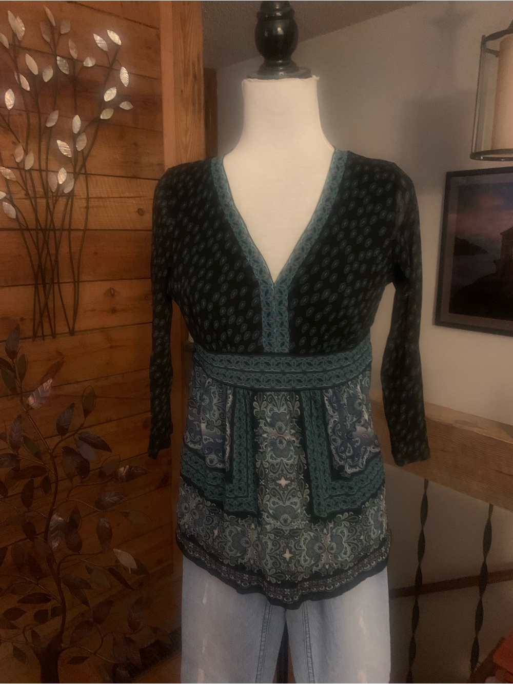 Axcess Teal and Black Paisley V-Neck Tunic
